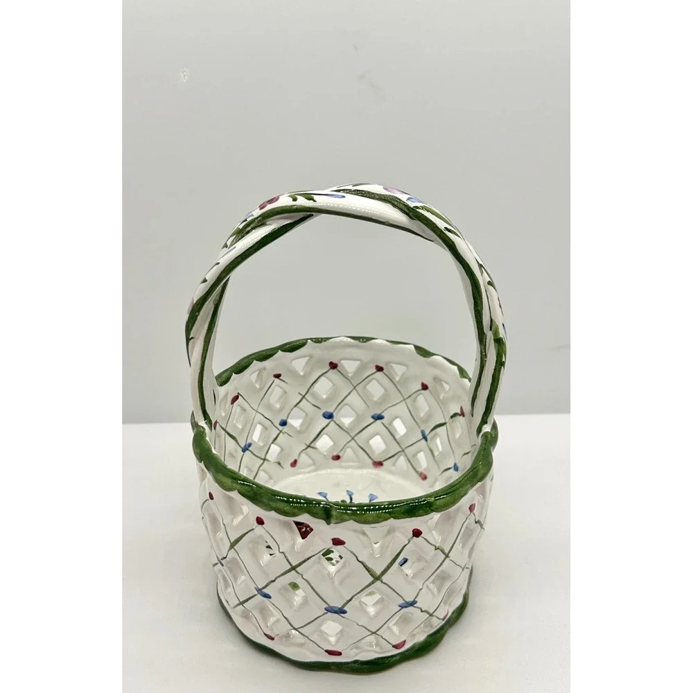 RCCL Hand Painted Portugal Ceramic Lattice Basket Floral Twisted Handle Floral